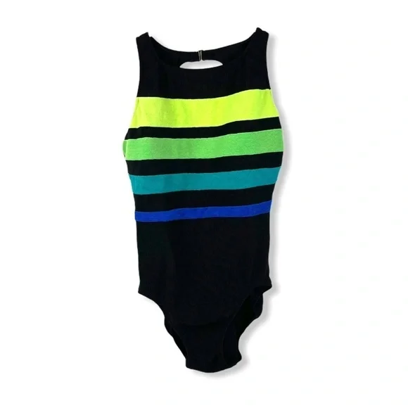 Color Block Stripe Textured One Piece High Neck Keyhole Back Swimsuit - Vintage - Picture 9 of 13